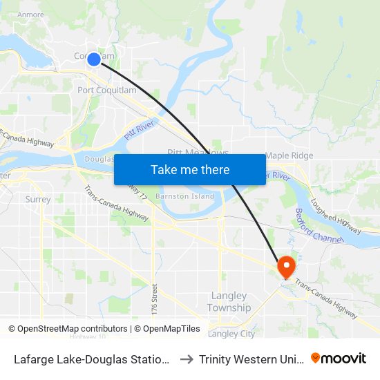 Lafarge Lake-Douglas Station @ Bay 3 to Trinity Western University map
