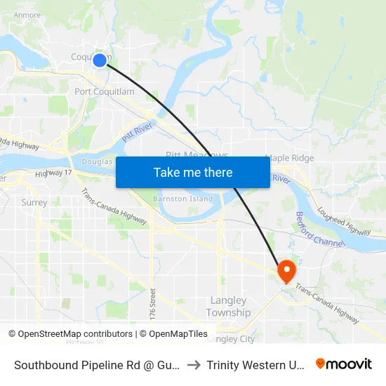 Southbound Pipeline Rd @ Guildford Way to Trinity Western University map