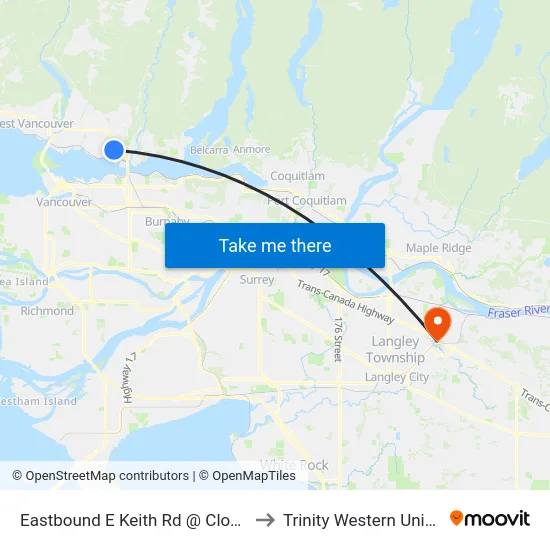 Eastbound E Keith Rd @ Cloverley St to Trinity Western University map