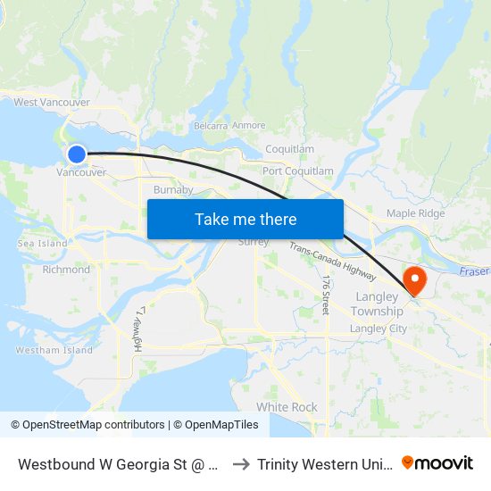 Westbound W Georgia St @ Burrard St to Trinity Western University map