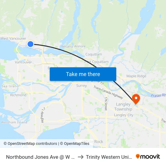 Northbound Jones Ave @ W Keith Rd to Trinity Western University map