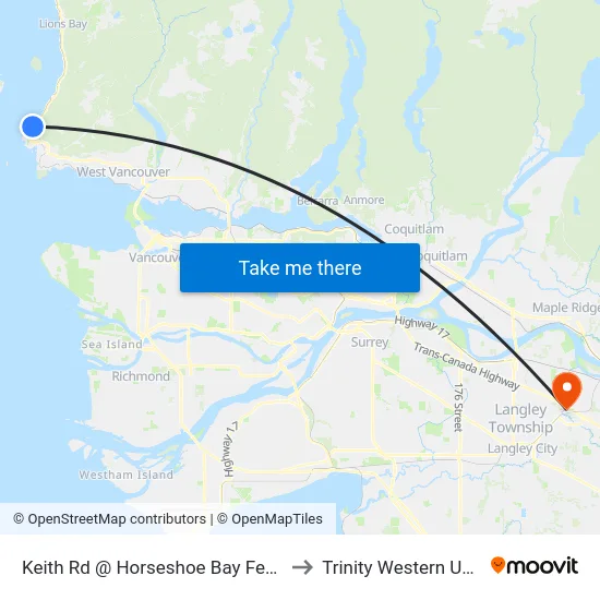 Keith Rd @ Horseshoe Bay Ferry Terminal to Trinity Western University map