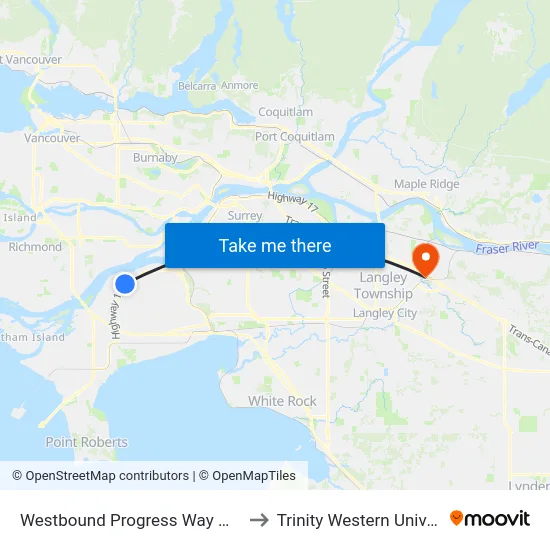 Westbound Progress Way @ 76 St to Trinity Western University map