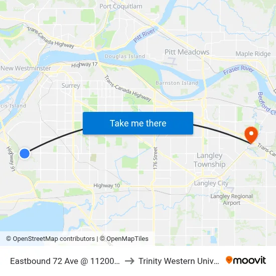 Eastbound 72 Ave @ 11200 Block to Trinity Western University map