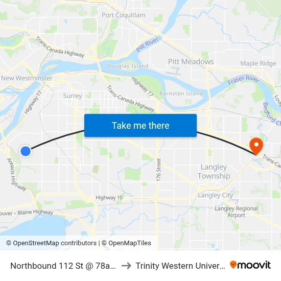 Northbound 112 St @ 78a Ave to Trinity Western University map