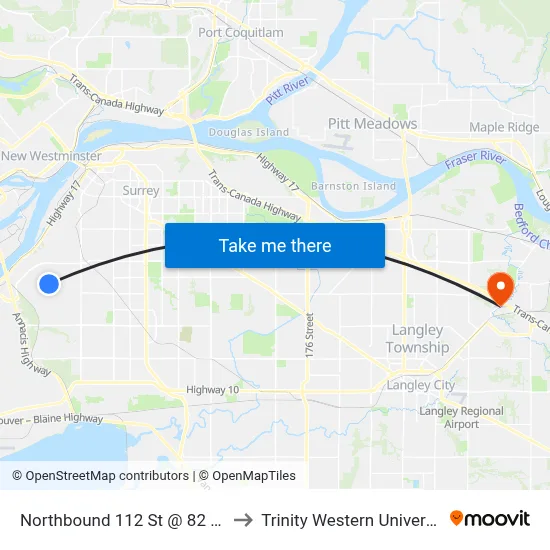 Northbound 112 St @ 82 Ave to Trinity Western University map