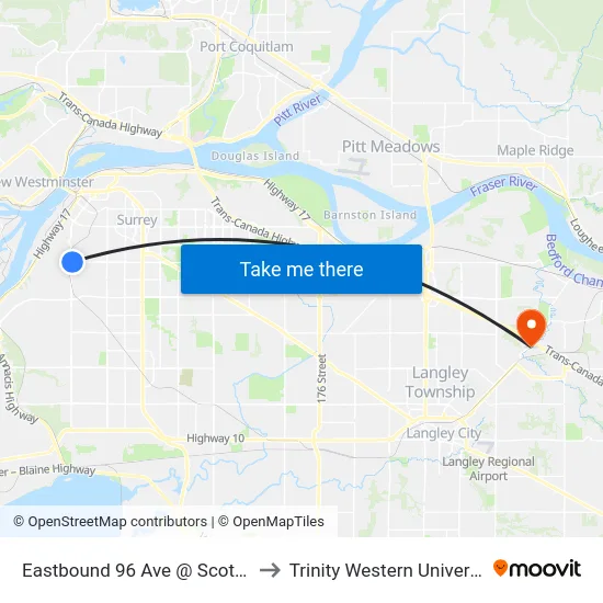 Eastbound 96 Ave @ Scott Rd to Trinity Western University map