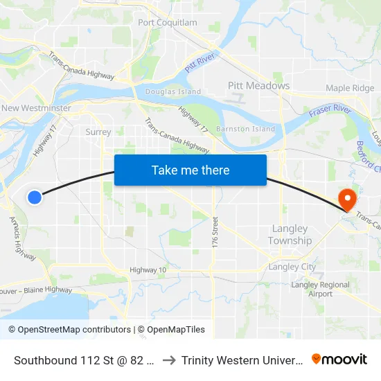 Southbound 112 St @ 82 Ave to Trinity Western University map