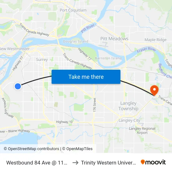 Westbound 84 Ave @ 116 St to Trinity Western University map