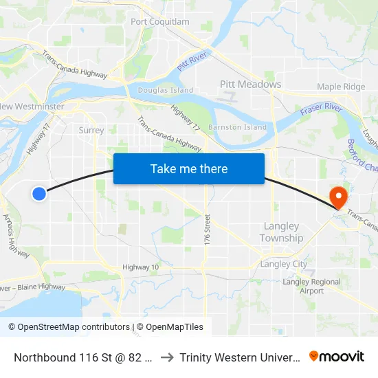 Northbound 116 St @ 82 Ave to Trinity Western University map