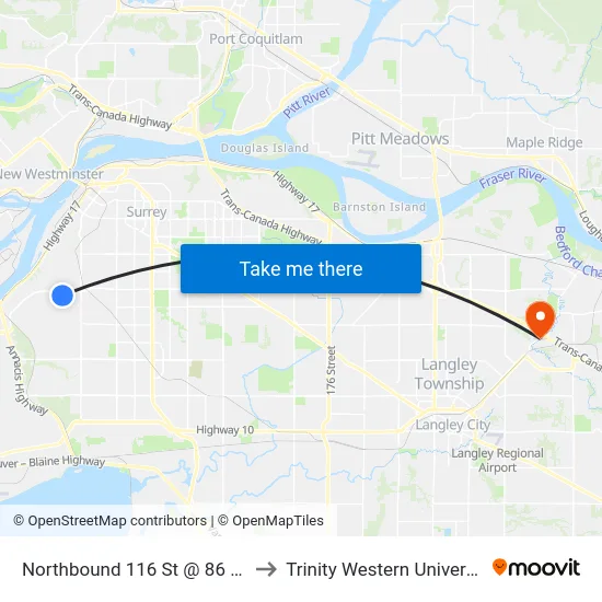 Northbound 116 St @ 86 Ave to Trinity Western University map