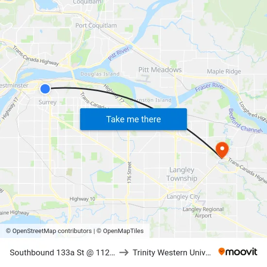 Southbound 133a St @ 112a Ave to Trinity Western University map