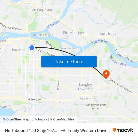 Northbound 150 St @ 107a Ave to Trinity Western University map