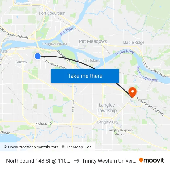 Northbound 148 St @ 110 Ave to Trinity Western University map