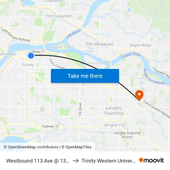 Westbound 113 Ave @ 137 St to Trinity Western University map