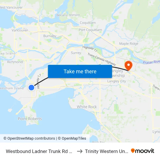 Westbound Ladner Trunk Rd @ Hwy 17a to Trinity Western University map