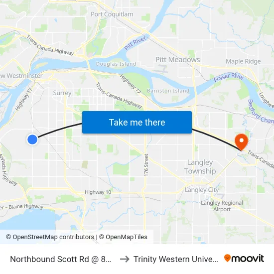 Northbound Scott Rd @ 82 Ave to Trinity Western University map