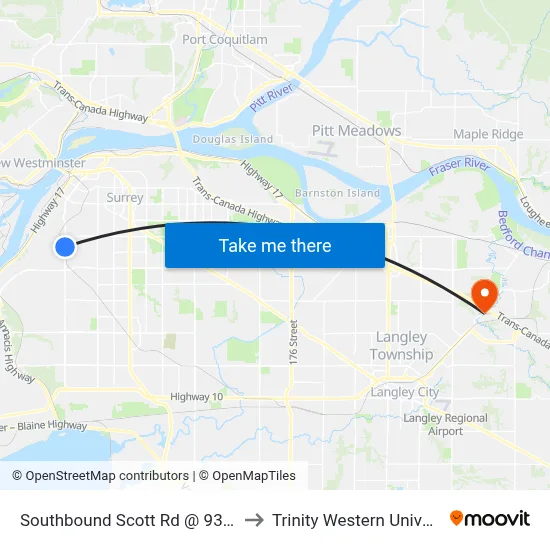 Southbound Scott Rd @ 93a Ave to Trinity Western University map