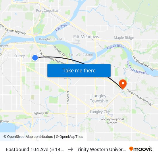 Eastbound 104 Ave @ 148 St to Trinity Western University map