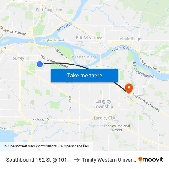 Southbound 152 St @ 101 Ave to Trinity Western University map