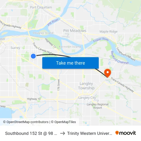 Southbound 152 St @ 98 Ave to Trinity Western University map