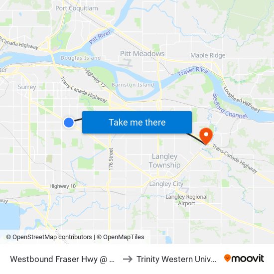 Westbound Fraser Hwy @ 156 St to Trinity Western University map