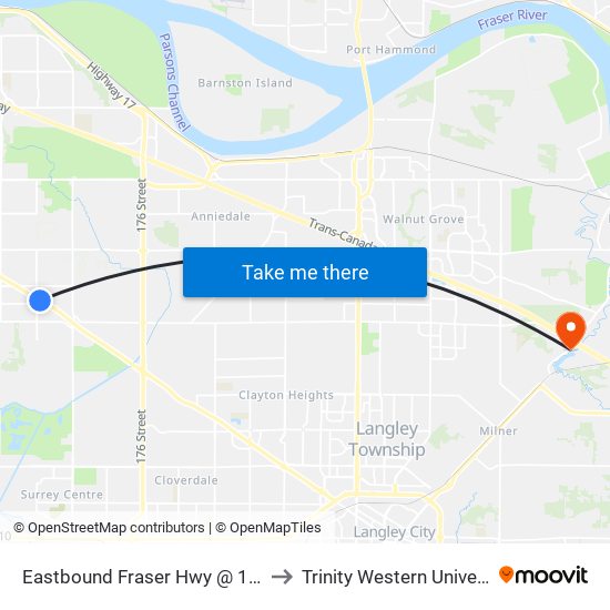 Eastbound Fraser Hwy @ 164 St to Trinity Western University map