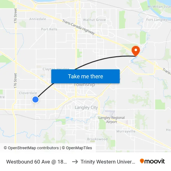 Westbound 60 Ave @ 184 St to Trinity Western University map