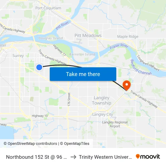 Northbound 152 St @ 96 Ave to Trinity Western University map