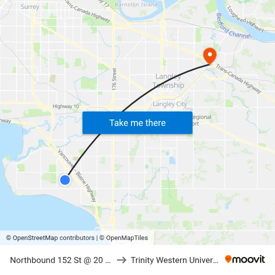 Northbound 152 St @ 20 Ave to Trinity Western University map