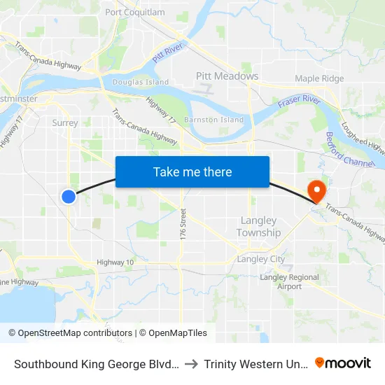 Southbound King George Blvd @ 80 Ave to Trinity Western University map