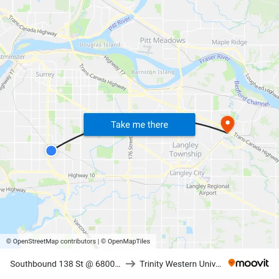Southbound 138 St @ 6800 Block to Trinity Western University map