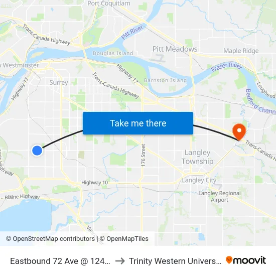Eastbound 72 Ave @ 124 St to Trinity Western University map