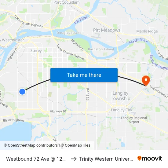 Westbound 72 Ave @ 124 St to Trinity Western University map