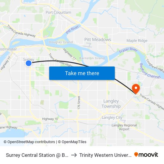 Surrey Central Station @ Bay 4 to Trinity Western University map
