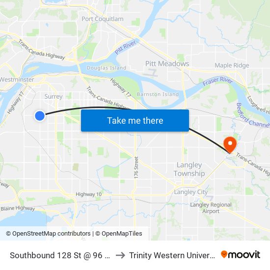 Southbound 128 St @ 96 Ave to Trinity Western University map