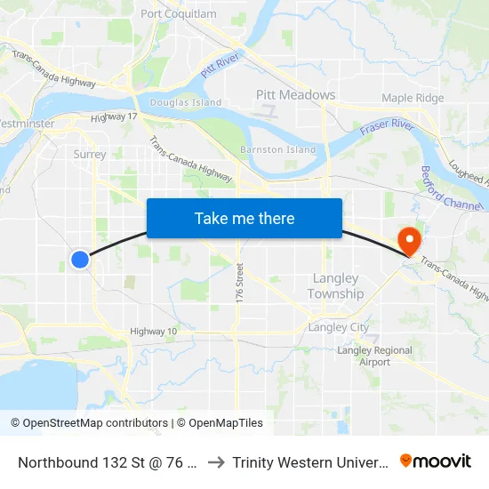 Northbound 132 St @ 76 Ave to Trinity Western University map