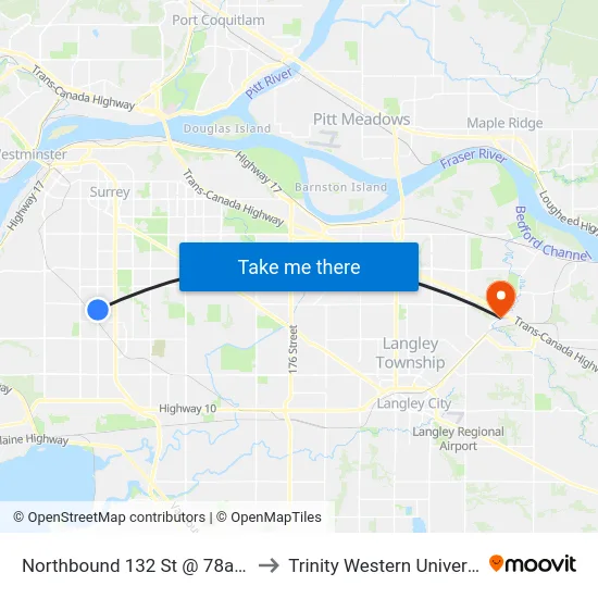 Northbound 132 St @ 78a Ave to Trinity Western University map