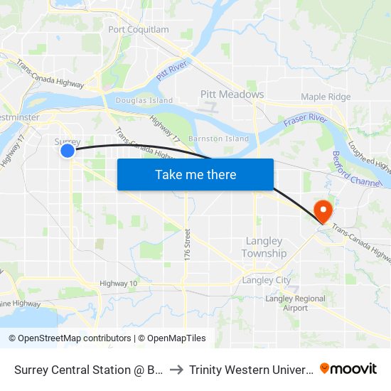 Surrey Central Station @ Bay 7 to Trinity Western University map