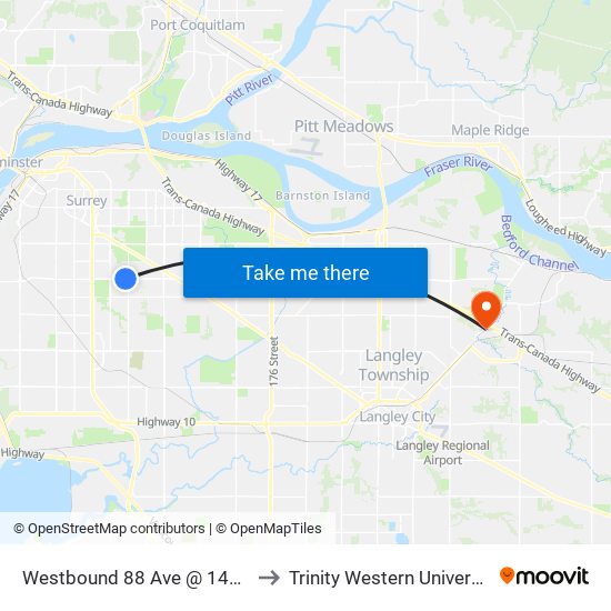 Westbound 88 Ave @ 144 St to Trinity Western University map