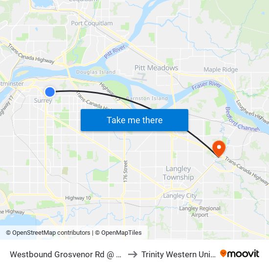Westbound Grosvenor Rd @ Harper Rd to Trinity Western University map