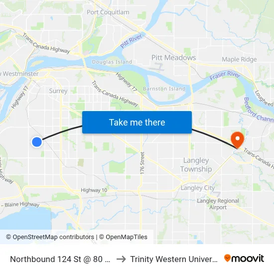 Northbound 124 St @ 80 Ave to Trinity Western University map