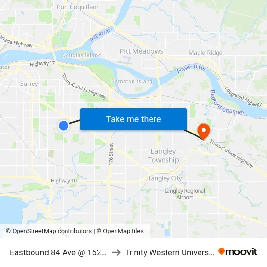 Eastbound 84 Ave @ 152 St to Trinity Western University map