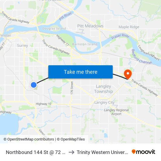 Northbound 144 St @ 72 Ave to Trinity Western University map