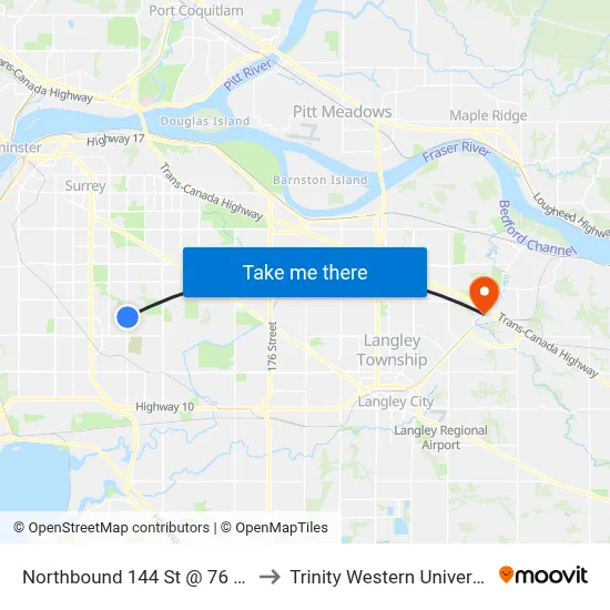 Northbound 144 St @ 76 Ave to Trinity Western University map