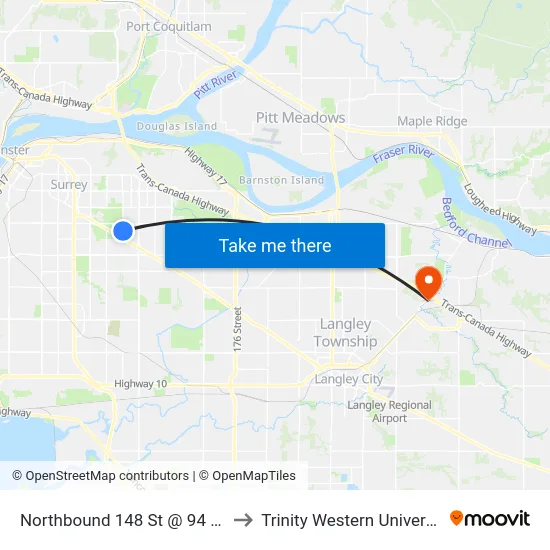 Northbound 148 St @ 94 Ave to Trinity Western University map