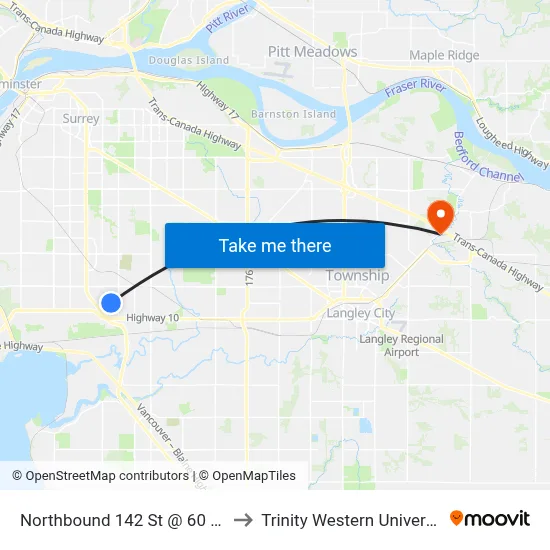 Northbound 142 St @ 60 Ave to Trinity Western University map