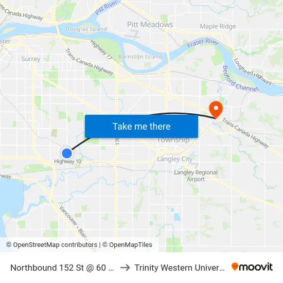 Northbound 152 St @ 60 Ave to Trinity Western University map