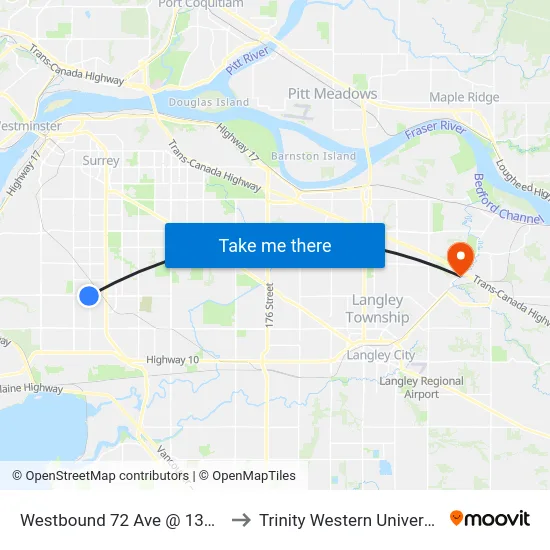 Westbound 72 Ave @ 132 St to Trinity Western University map