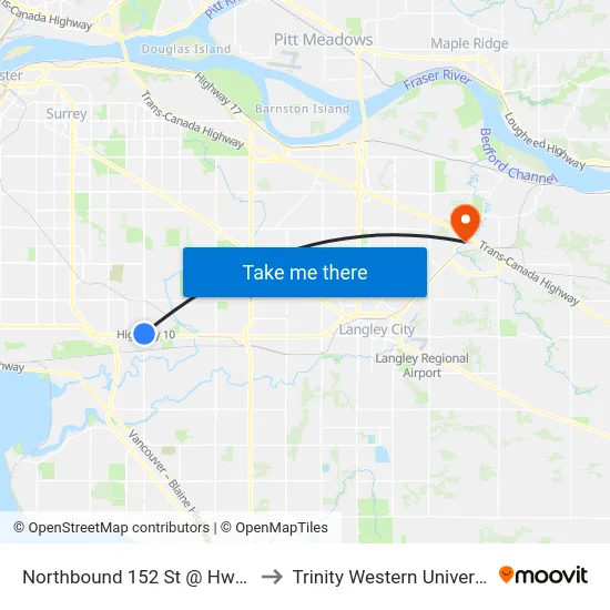 Northbound 152 St @ Hwy 10 to Trinity Western University map